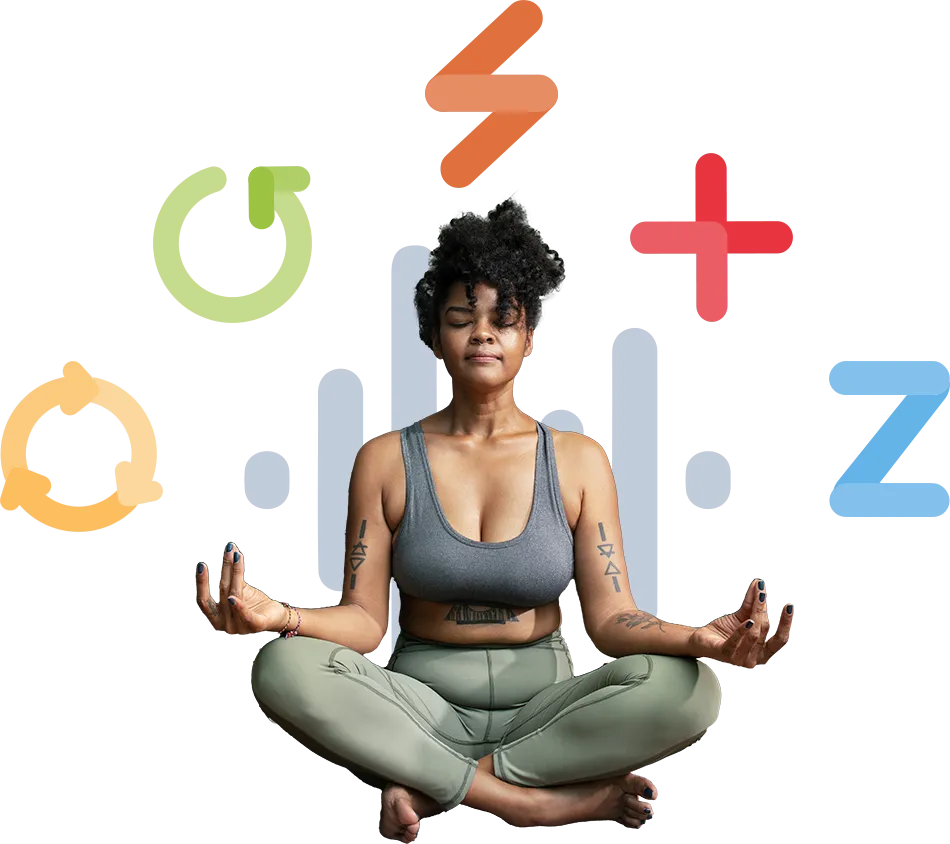 Joung woman meditating, with product icons behind her